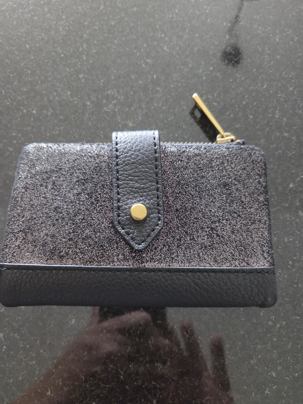 Women's Fossil Metallic Black Compact Wallet with Gold Accent